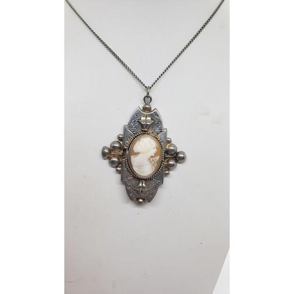 Vintage Cameo Pendant Necklace Silver Tone Ornate Art Deco Intaglio Large - Picture 2 of 14